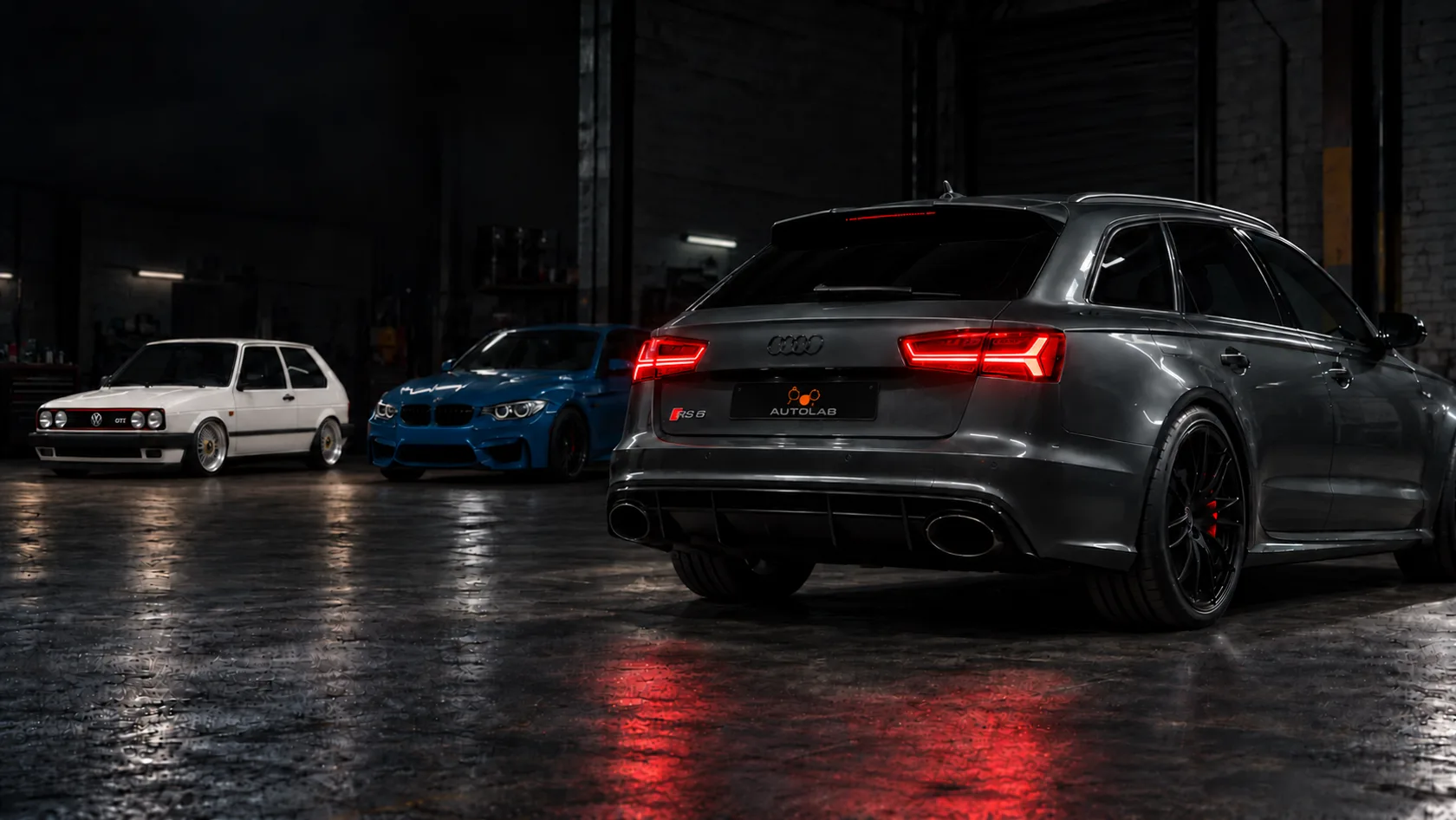 Illustrative Audi RS6, white Mk2 Golf GTI and BMW M3 workshop scene